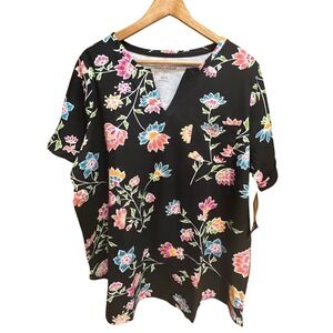 Woman Within Black Floral V-Neck Short Sleeve Pocket Tee Shirt L 18/20 NWT
